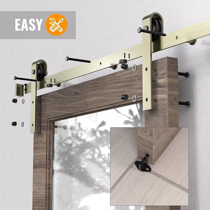 13FT Classic Brass Sliding Barn Door Hardware Kit for Interior Double Door Brushed Gold
