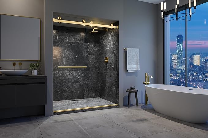 VITRA-200X 56.5-60" W x 78" High 3/8" Twinglide Frameless Shower Door with (10mm) Clear Tempered Glass (Satin Brass - Towel BAR & KNOB)