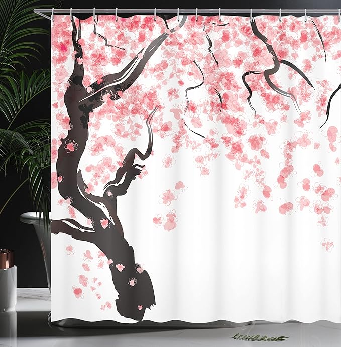 Ambesonne Floral Shower Curtain, Dogwood Tree Blossom in Watercolor Painting Effect Spring Season Theme Pinkish Tones, Cloth Fabric Bathroom Decor Set with Hooks, 69" W x 70" L, Black Pink