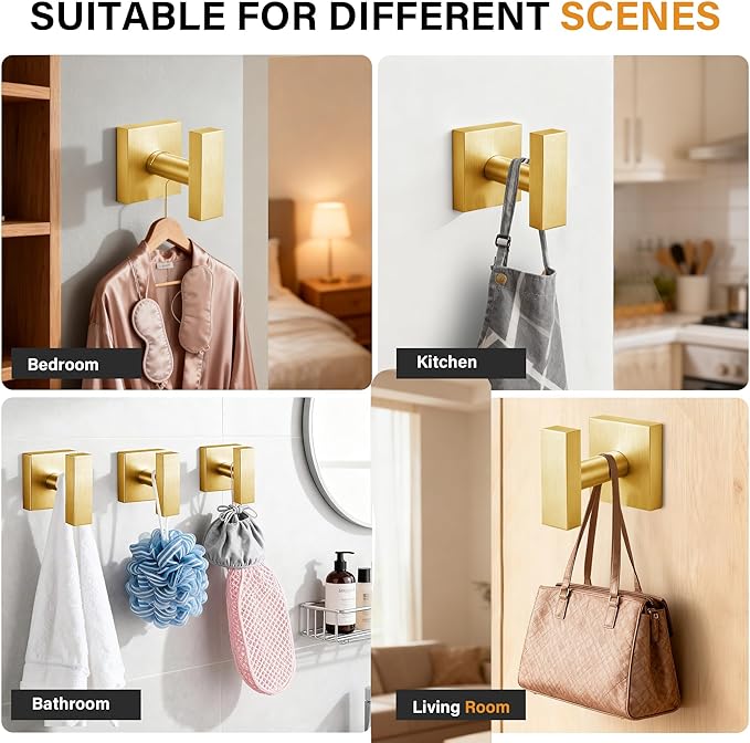 Towel Hooks for Bathrooms, Brushed Gold Towel Hook for Kitchen Bathroom, SUS304 Stainless Steel Coat Hook, Square Heavy Duty Holder Robe Hooks for Hanging Towels, Coats, sponges, Wall Mount, 2 Pack