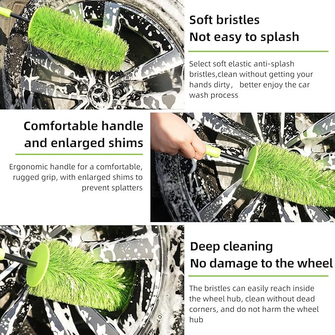 Wheel Cleaning Brush Hub Clean Tool and Rim Detailing Brush with Soft Bristles,Safe On All Wheel Types,Multipurpose Use for Wheels,Rims,Exhaust Tips,Car,Motorcycles,Truck (Green)