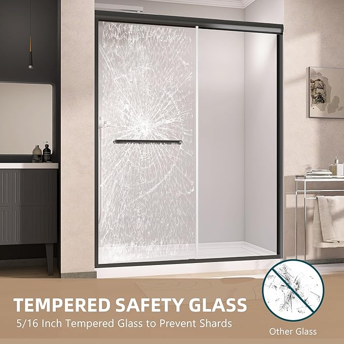 GETPRO Shower Door 56-60 in. W x 75 in. H Semi-Frameless Double Sliding Glass Shower Doors, Bypass Glass Door for Walk-in Shower with 5/16 inch Tempered Glass Matte Black