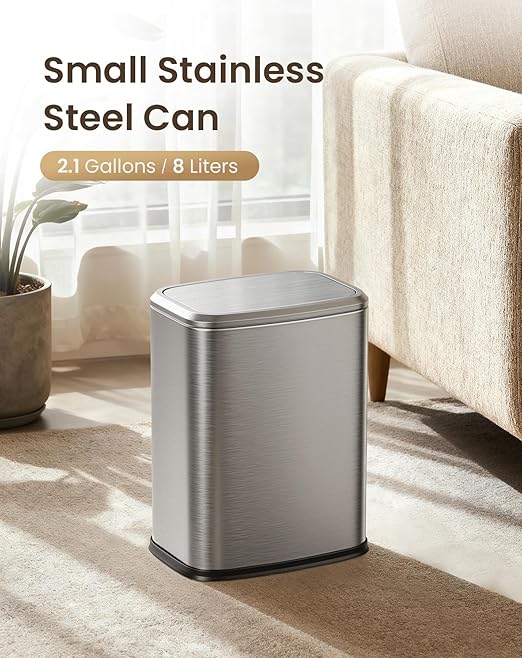 Cesun Small Bathroom Trash Can with Swing-Top Lid,8L/2.1 Gallon Stainless Steel Garbage Can with Removable Inner Bucket, Slim Waste Basket for Home, Office, Toilet, Bedroom, Living-Room (Silver)