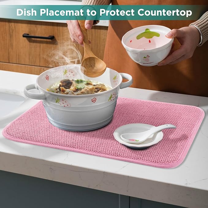 Microfiber Dish Drying Mat, Super Absorbent Kitchen Dish Drying Pad for Easter Day, Reversible Gift Mats for Countertop, 17.8 * 23.6 inch Pink