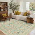 Floral 5x7 Washable Area Rug, Vintage Boho, Non Slip Low Pile Wool Carpet for Living Room,Bedroom,Indoor Dining Room,Girls Room,Nursery(Green 5x7ft)