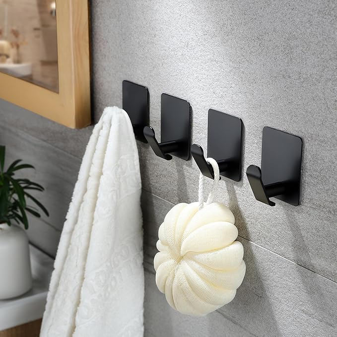 YIGII Adhesive Towel Hooks, 4 Pack Stainless Steel Bathroom Hooks Heavy Duty, Towel Hanger for Coat, Robe, Hats, No Damage Wall Hook, Black