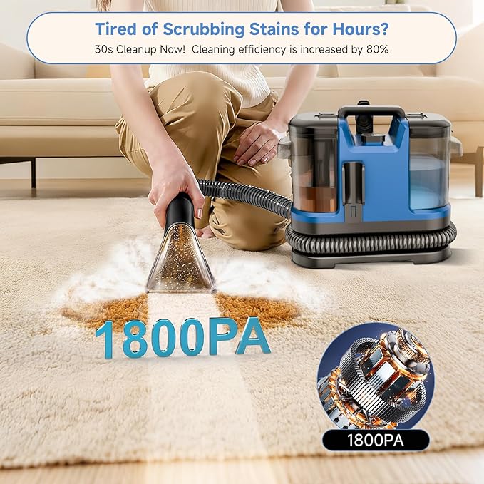 Portable Carpet & Upholstery Cleaner Machine, Handheld Spot Cleaner with Dual Brush, 18KPa Suction, Large Removable Tank for Couch, Car, Stairs, Rugs & Pet Stains, Blue