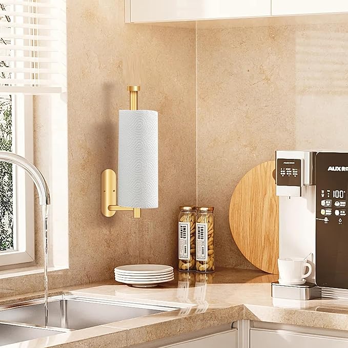 2PCS Fliverly Self Adhesive Paper Towel Holder Under Cabinet Mount, Wall Mounted Paper Towel Roll Holder for Kitchen, Bathroom, Wall,BBQ Grill, Gold