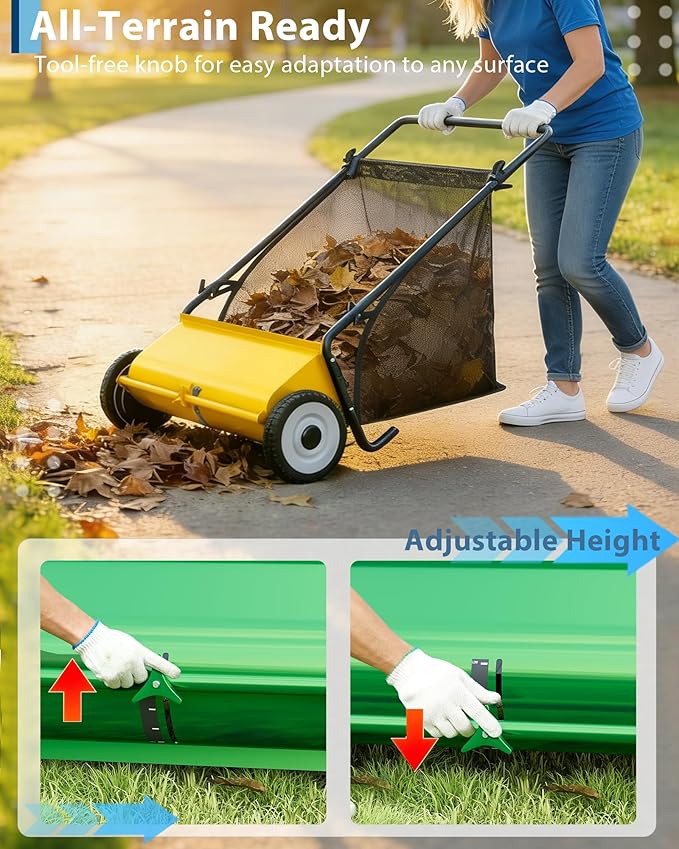 Push Lawn Sweeper,21-Inch Width Enhanced 4-Brush System, 3.5 ft Capacity Heavy Duty Steel Frame, Ideal for Yard and Garden Clean up,Yellow