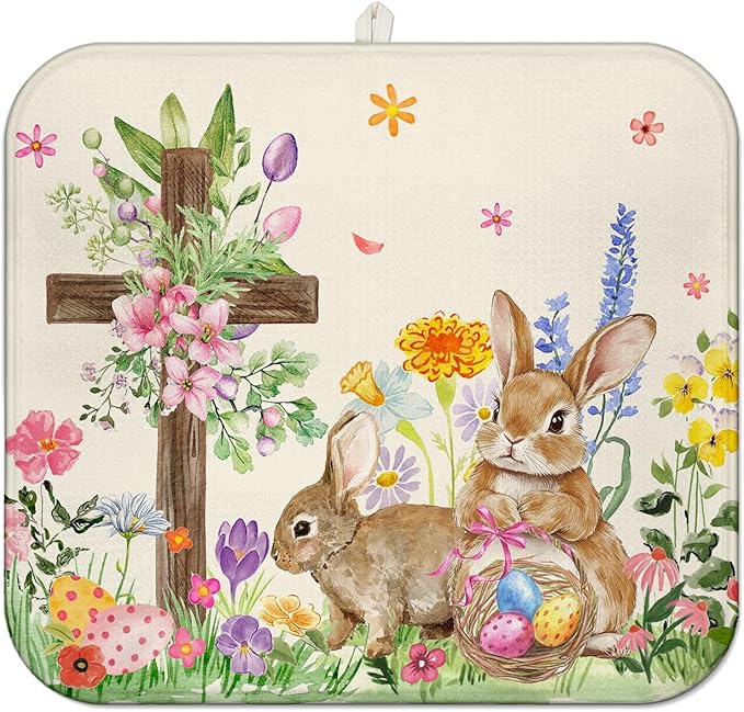 Easter Dish Drying Mat for Kitchen Counter,Cute Bunny Spring Florals Microfiber Drying Mat,Washable Absorbent Kitchen Countertop Dish Mat Drain Pad 16×18 Inch