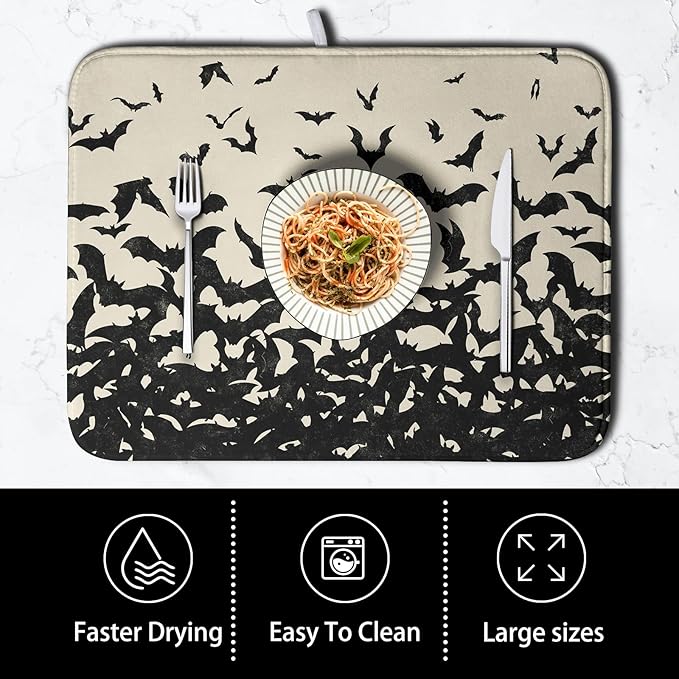 Halloween Bats Halloween Dish Drying Mat for Kitchen Counter 16x18 Inch Microfiber Absorbent Drying Mats Washable Dishes Drainer Mats Reusable Dish Rack Pad for Coffee Bar
