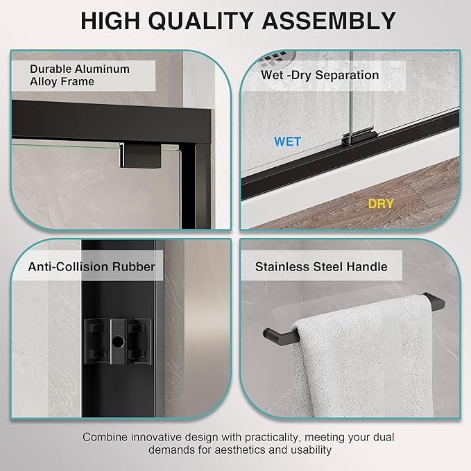 KPUY Glass Shower Door, 55-60" W x 76" H Semi-Frameless Double Sliding Shower Door, 1/4" (6mm) Thick Tempered Clear Glass with Explosion-Proof Film Nano Coating, Matte Black