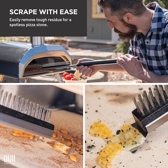 26'' Pizza Oven Brush with Stone Scraper - Includes 3 Brush Heads, Heat-Resistant Silver Stainless Steel Bristles - Long Grip Handle, Compatible with Ooni, Gozney, Blackstone, Solo Stove Ovens