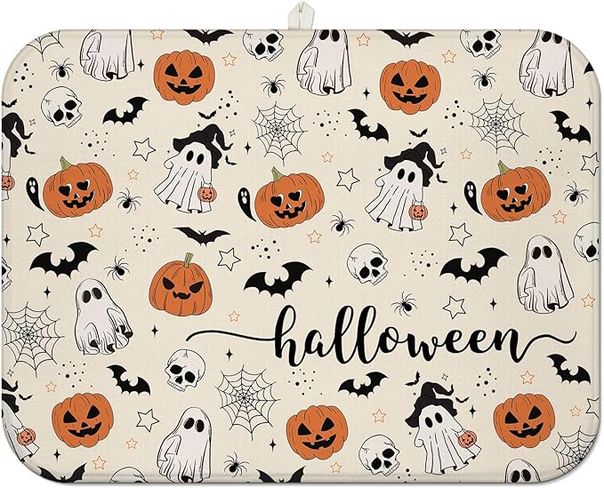 Halloween Dish Drying Mat for Kitchen Counter,Horror Halloween Pumpkin Skull Ghost Pattern Microfiber Drying Mat,Washable Absorbent Countertop Holiday Dish Mat Drain Pad,18x24Inch