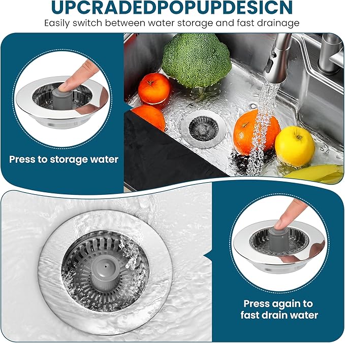 3-in-1 Kitchen Sink Strainer & Stopper, Stainless Steel Finish Pop Up Drain Plug – Anti-Clogging Food Catcher with Brass Core – Fits Standard 3.5 Inch Drain, Heavy Duty Replacement