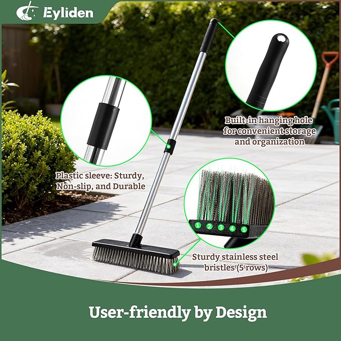 Eyliden Push Broom, Heavy Duty Moss Wire Scrub Brush with Stainless Steel Bristles, 65" Long Handle for Deck, Concrete, Patio Outdoor Cleaning