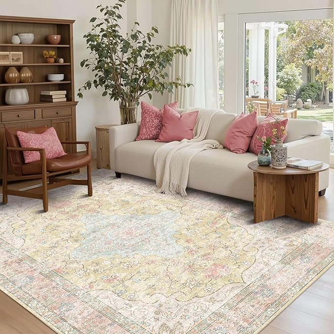 Area Rugs 5x7, Washable Orange Rugs for Living Room, Bedroom, Non Slip, Neutral Floral Vintage Indoor Rug for Farmhouse Nursery, Dining Room, Kid Room, Office, Dorm