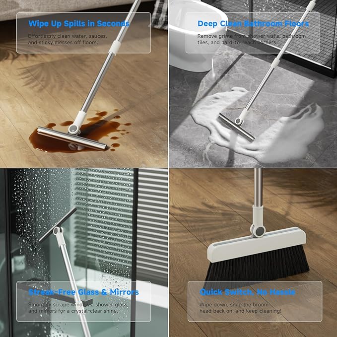 Magnetic Broom and Dustpan Set with Silicone Squeegee, 55'' Broom with Dustpan Combo Set Self-Cleaning Teeth Design Upright Standing Dustpan with Grey Microfiber Cloth for Indoor Floor Home Kitchen