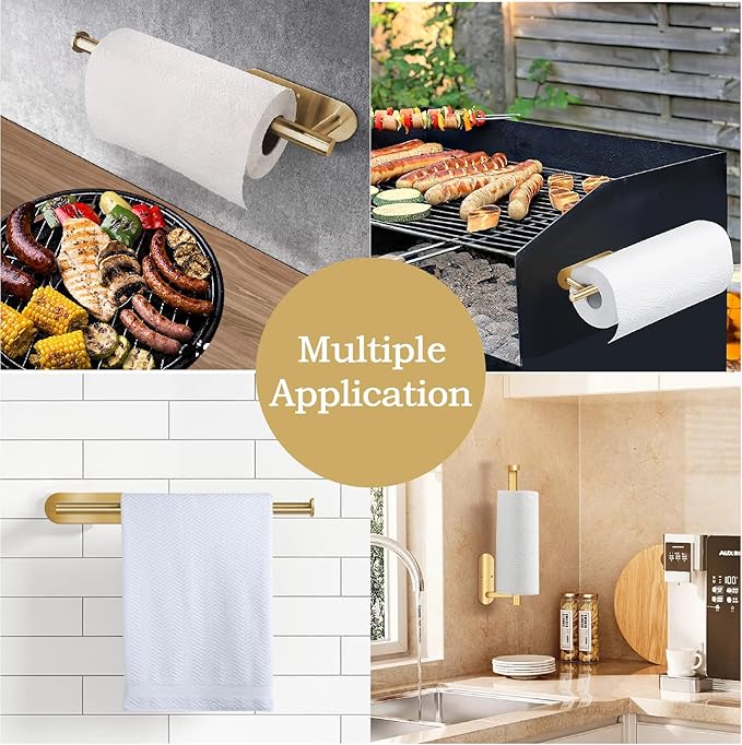 Self Adhesive Paper Towel Holder Under Cabinet Mount, Wall Mounted Paper Towel Roll Holder for Kitchen, Bathroom, Wall,BBQ Grill, Gold