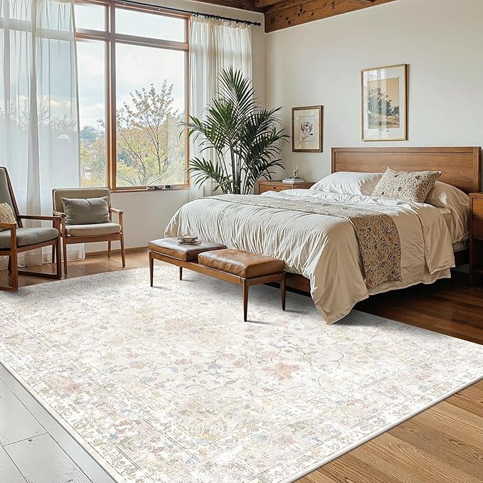 4x6 Area Rugs for Living Room, Bedroom, Small Washable Beige Rugs, Entryway Non Slip Rug, Neutral Floral Vintage Boho Soft Indoor Carpet for Nursery, Bathroom, Office