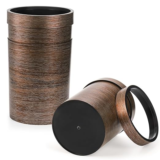 3 Pack Vintage Small Trash Can, 1.7 Gallon Plastic Round Wastebasket, Hipsteen Retro Style Garbage Can, Wood Grain Garbage Bin with Top Ring to Fix Bag for Home Kitchen Office Bathroom