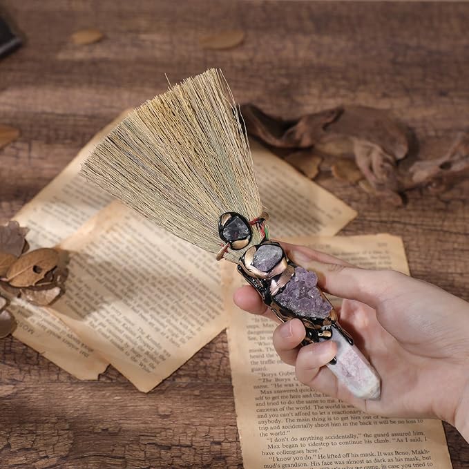 Witchcraft Supplies Witches Broom - Wiccan Decor with Plum Blossom Tourmaline Altar Supplies with Fluorite Natural Healing Crystals Hexagonal Points Pagan Decor Reiki Energy Clearing Crafts