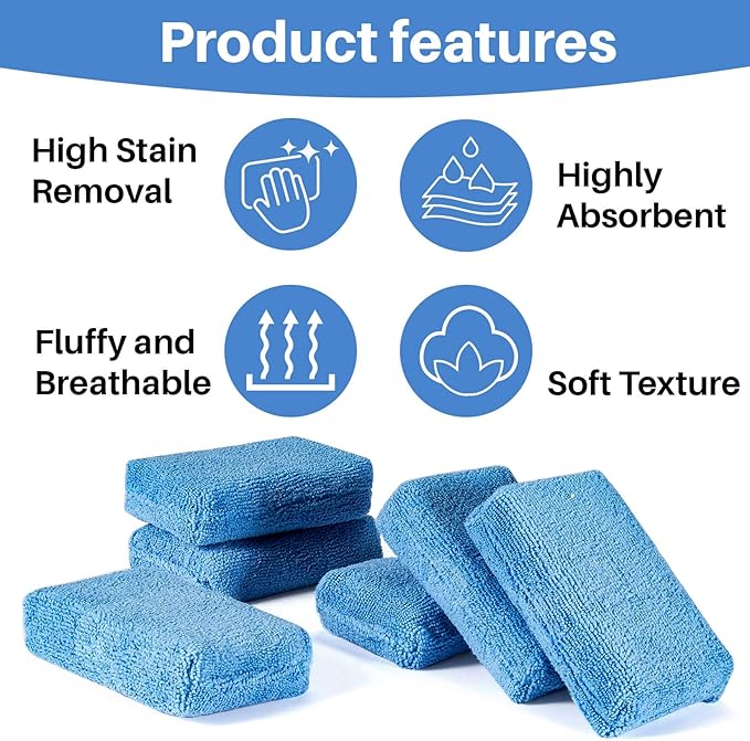 Sukh 6 Pack Microfiber Rectangle Sponge Detailing Pads - Microfiber Wax Foam Applicator Pads for Car Wax Applicator Pad 4.72x3.15 inch Blue