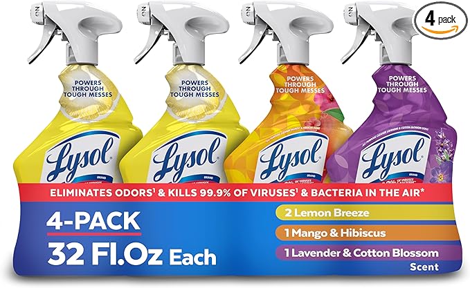 Lysol All Purpose Cleaner Spray, Multi-Purpose Disinfecting Spray, Kitchen & Bathroom Cleaner, Lemon Breeze, Lavender, & Mango Scents, 32oz (Pack of 4)