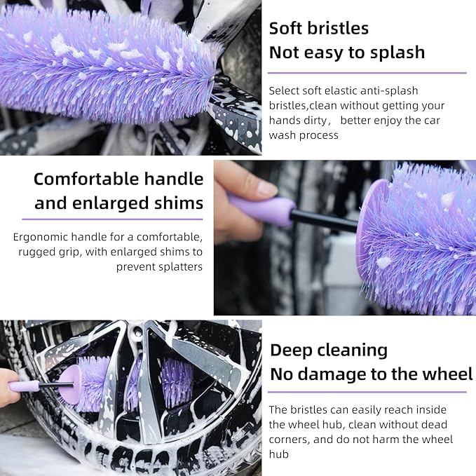 Wheel Cleaning Brush Hub Clean Tool and Rim Detailing Brush with Soft Bristles,Safe On All Wheel Types,Multipurpose Use for Wheels,Rims,Exhaust Tips,Car,Motorcycles,Truck (Purple)