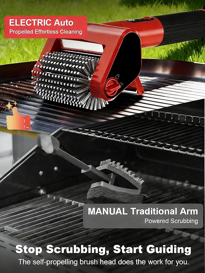 Electric Grill Brush with LED Light, 650 RPM High-Speed Non-Shedding Spinning Cleaner, Removable Washable Brush Head and 2 Scouring Pads, Rechargeable BBQ Cleaning Tool for Outdoor Grilling & Camping