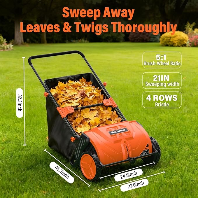 Manual Push Lawn Sweeper, 21-Inch Wide Coverage, Adjustable Height Design with 3.5 Cu. Ft. Collection Hopper for Leaves, Grass Clippings and Yard Debris