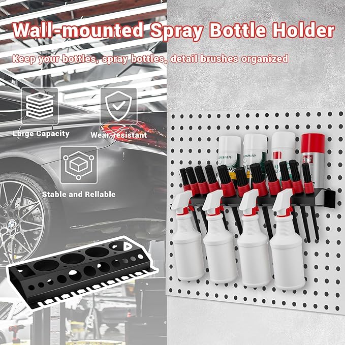 Car Cleaning Brush and Spray Bottle Storage Rack, Wall Mount Bottle Organizer Detailing Brush Organizer Holder，Car Beauty Shop Accessory Display，Spray Containers Tool for Auto Repair Shops Garages