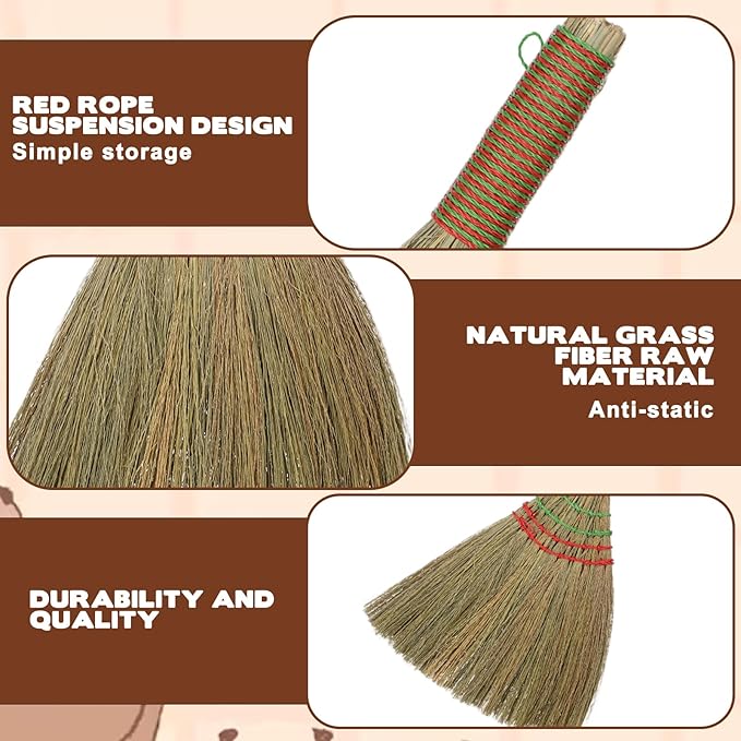 12 Inch Whisk Broom Hand Held, Corn Broom Straw Hand Brooms Handmade Short Handle with Hanger for Indoor & Outdoor Use