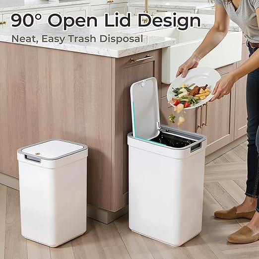 Spreezy Bathroom Trash Can with Lid 2 Pack (3.6 Gal & 2.4 Gal), Small Garbage Bin with Pop-Up Lid, Dog-Proof Waste Basket, for Kitchen, Bedroom, Office, Living Room, White