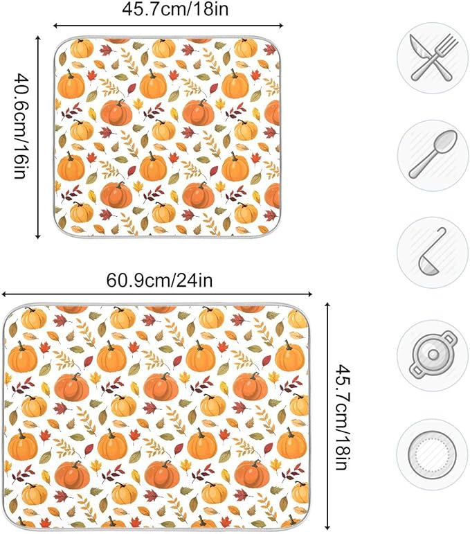 Fall Pumpkin Pattern Dish Drying Mat for Kitchen Countertop 16x18 Autumn Leaves Thanksgiving Day Small Drying Mat Reusable Quick Dry Dish Sink Mats Easy Clean Decorative Essentials