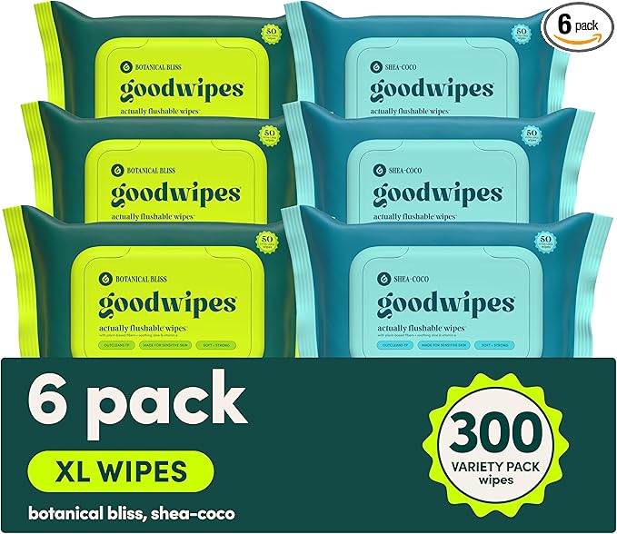 goodwipes Flushable Butt Wipes - Extra Large Adult Wet Wipes For Women & Men - Bathroom Essentials - Sewer & Septic Safe - Shea Coco & Botanical Bliss, 300 Count (6 Packs)