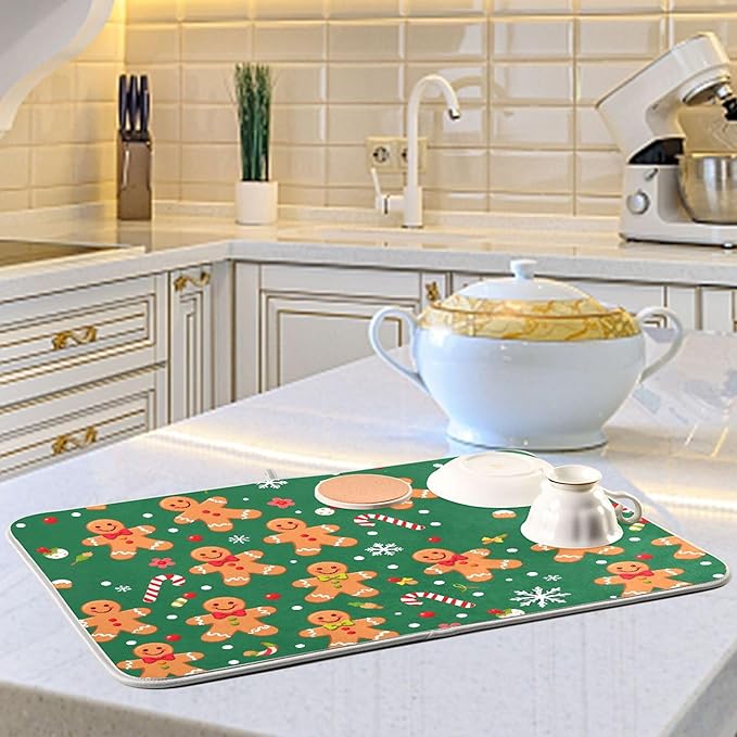 Christmas Gingerbread Man Dish Drying Mat for Kitchen Countertop 16x18 Winter Snowflake Candy Cane Green Small Drying Mat Reusable Quick Dry Dish Sink Mats Easy Clean Decorative Essentials