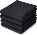 BOOMIBOO 4-Pack Dish Towels, 100% Cotton Waffle Weave, Ultra Soft Absorbent, Quick Drying, Black, 13x28 Inches