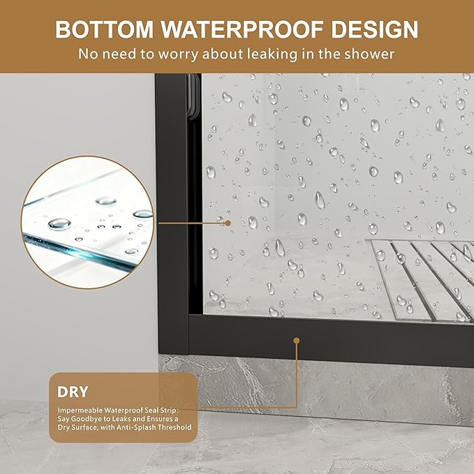 RFN 44-48" W x 76" H Semi-Frameless Bypass Double Sliding Shower Door, 1/4" (6 mm) Easy-to-Clean Treated Clear Tempered SGCC Glass,Bathroom Door(Matte Black, 44-48" W*76" H)