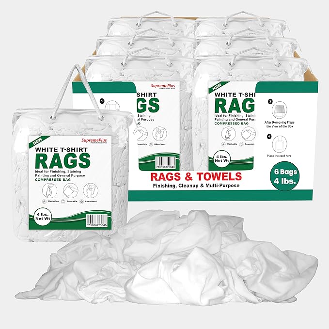 Premium White T-Shirt Cleaning Rags (4 lbs. Bag - Pack of 6) – White Cotton Rags for Cleaning, Staining, Painting, Oil, Grease & Dust Removal – Shop Rags Bulk for Multipurpose use