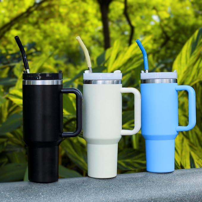 40 oz Stainless Metal Straws for 40 oz Stanley Tumbler, 6Pcs Reusable Straight Long Steel Straws with 12 Silicone Tips and 2 Straw Cleaning Brushes (6Color1, 40oz)