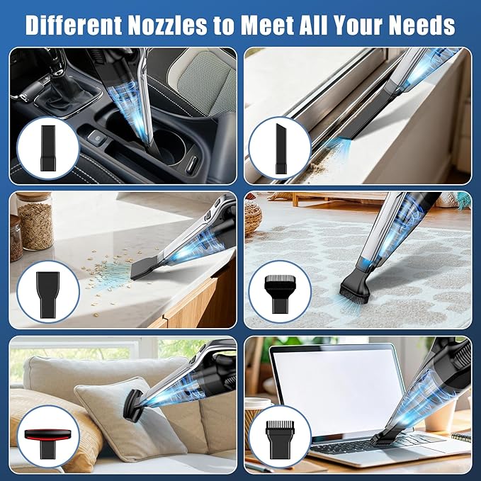 Car Vacuum Handheld Vacuum Cordless with Powerful Suction, Type-C Charge, 2 Suction Modes, 6-in-1 Portable Mini Vacuum for Home, Car, Office Desk, Keyboards