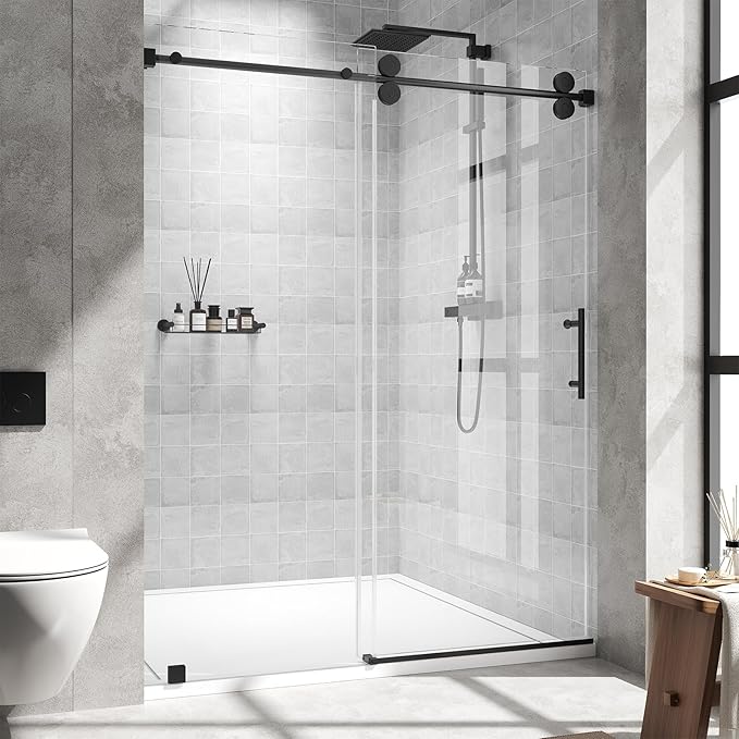 Frameless Sliding Shower Door 56–60 in W x 76 in H, 8mm Clear Tempered Glass Shower Doors Glass Sliding 60 Inches, Double Nano Coating, Stainless Steel Hardware, Silent Smooth Rollers, Matte Black