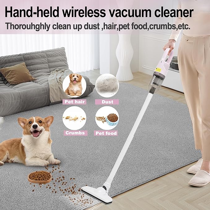 6-in-1 Lightweight Stick Vacuum Cleaner with 100W Powerful Motor, Mini Portable Household Handheld Vacuum Cleaner for Domestic Hard Floors, Carpets and Pet Hair(Pink Cordless with Plug)