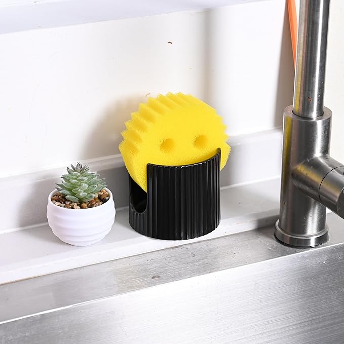 Ceramic Sponge Holder for Kitchen Sink - Dishwasher Safe Porcelain Dish Sponge Caddy Minimalist Vertical Stripes, Scrub Daddy Drying Rack for Countertop, Bathroom, Kitchen Sink Organizer, 2pcs