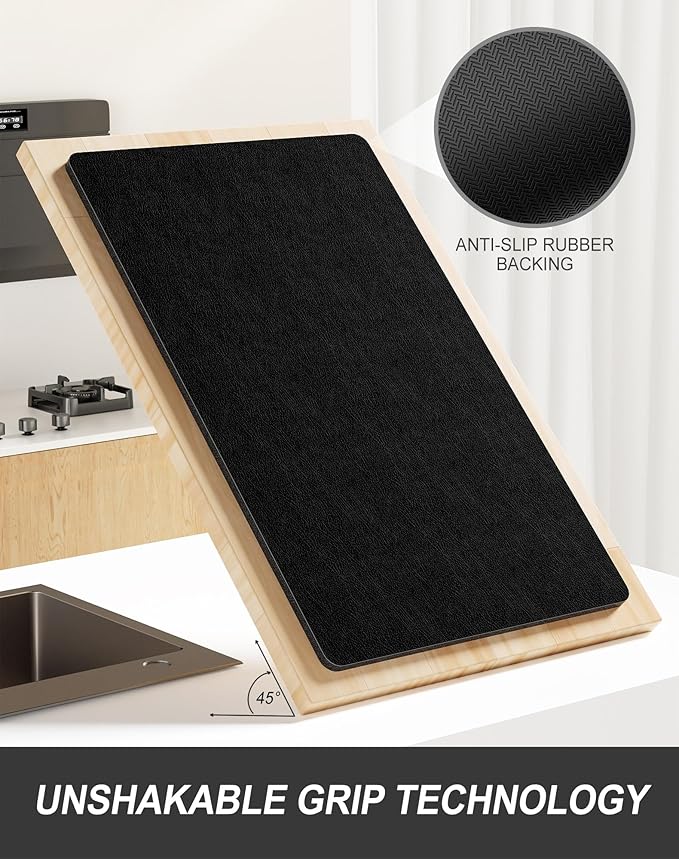 Rnivvi Dish Drying Mat for Kitchen Counter, XL 15 x 24" Super Absorbent Drainer Pad Easy Clean Dish Rack Pad, Non-Slip Heat Resistant Coffee Bar Mat for Coffee Machine Station Accessories Decor, Black