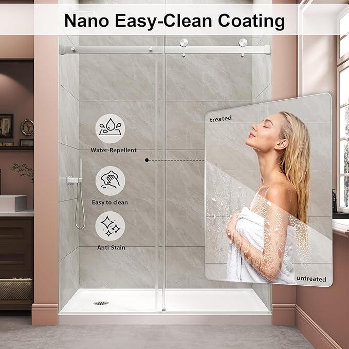 Frameless Shower Door,Single Sliding Glass Shower Door with Nano Coating & Safety Film, Adjustable 49"-54" W x 72" H, Brushed Nickel,1/4" (6mm) SGCC Tempered Glass