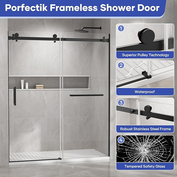 Venice Frameless Shower Door 60 in W x 74 in H,5/16"(8mm) Clear Tempered Glass Door, Bathroom Shower Door with 18 inch Pull Handle, Stainless Steel Hardware Black