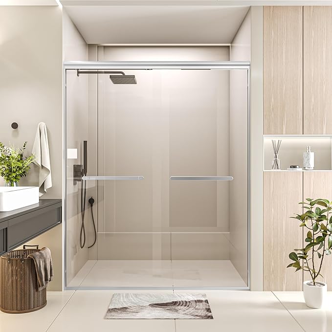 Double Sliding 44-48" W×72" H Shower Door,Semi-Frameless Sliding Glass Shower Door with 1/4''(6mm) Clear SGCC Tempered Glass,for Walk-in Shower Enclosure,Brushed Silvery