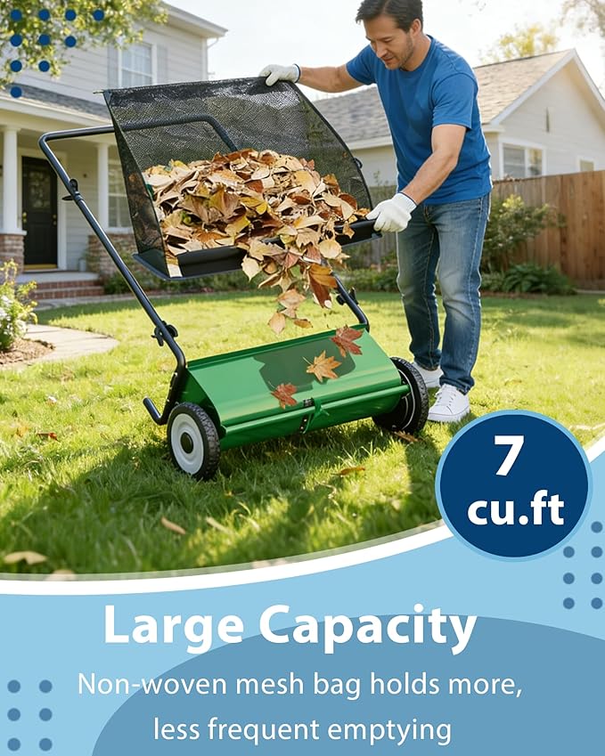 Push Lawn Sweeper, 26 Inch Extra-Wide 4-Brush System, 7 cu.ft. Mesh Bag, Heavy Duty Steel Frame, Height-Adjustable Yard & Garden Cleaner for Leaves and Grass
